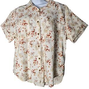 Orvis Women’s L Floral Button Front Shirt Cream Orange Cotton Modal Short Sleeve
